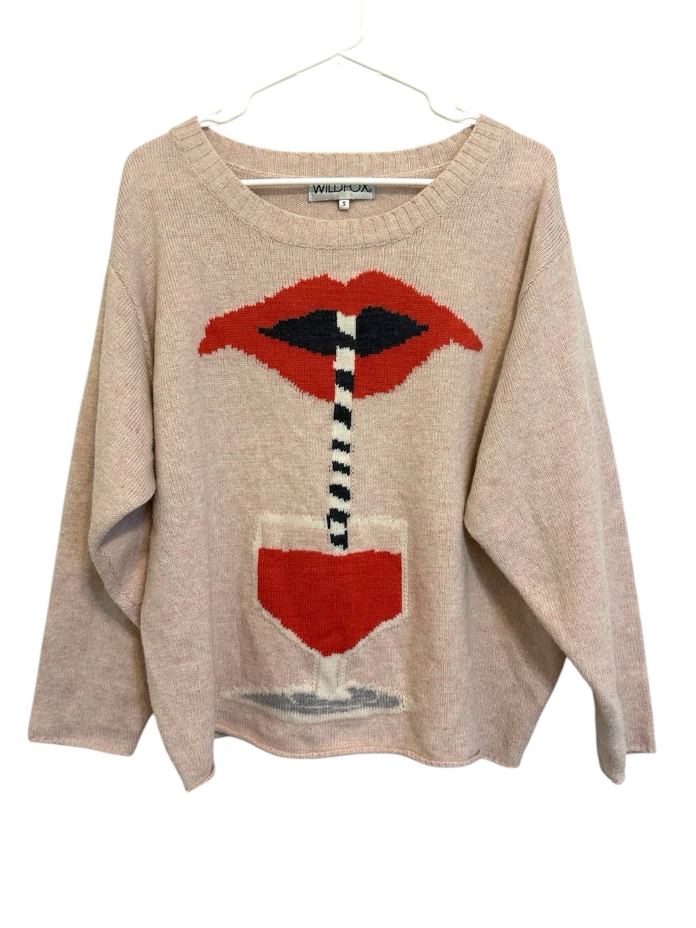 Wildfox Lip & Drink Graphic Knit Sweater Small Blush Pink Wine Glass Cozy Soft